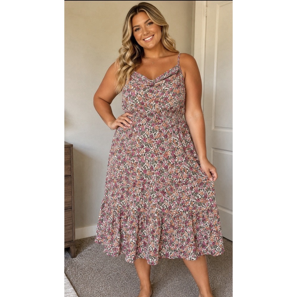 Old Navy Women's Tiered Pink/Green/Tan Summer Dress Pockets! Size XL NWT - Picture 1 of 7